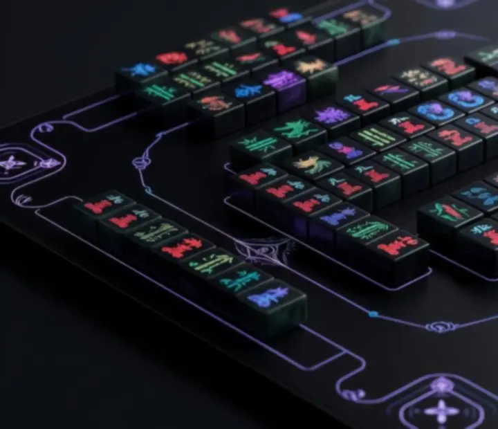 Sötét, hangulatos háttér előtt vibráló mahjong csempék fénylő effektekkel