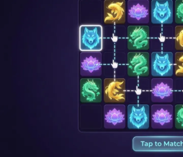 Mahjong Match Spirit játékmenet képernyőkép, spirit csempék és relaxáló sötét háttér