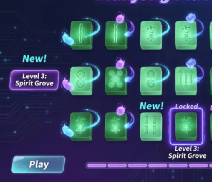 Mahjong Match Spirit pályaválasztó képernyő spirit csempékkel és jutalom effektekkel
