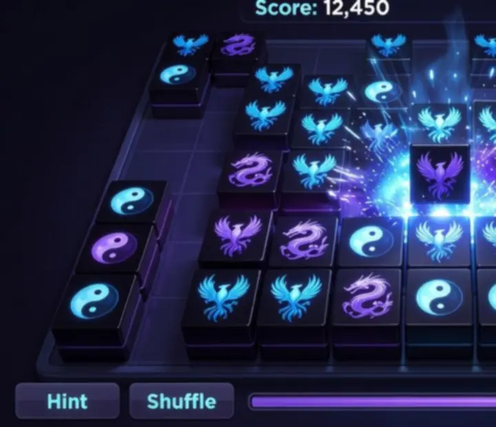 Mahjong Match Spirit exkluzív hero gameplay jelenet, spirit csempékkel és sötét, neon hangulattal